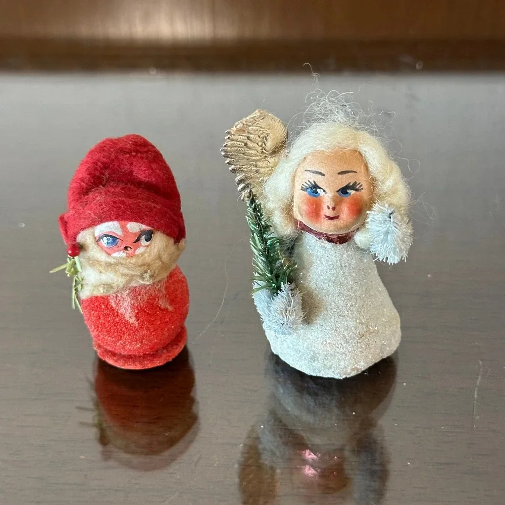 Vintage MCM Christmas Figurines Sugared Gnome Santa and Angel Japan 2pc Set
